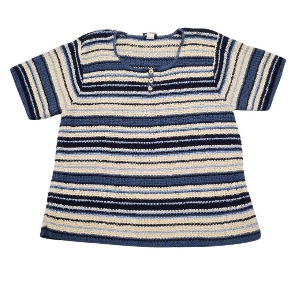 Fashion Bug Striped Henley Knit Top Womens 22/24 Blue Short Sleeve Vintage 90s